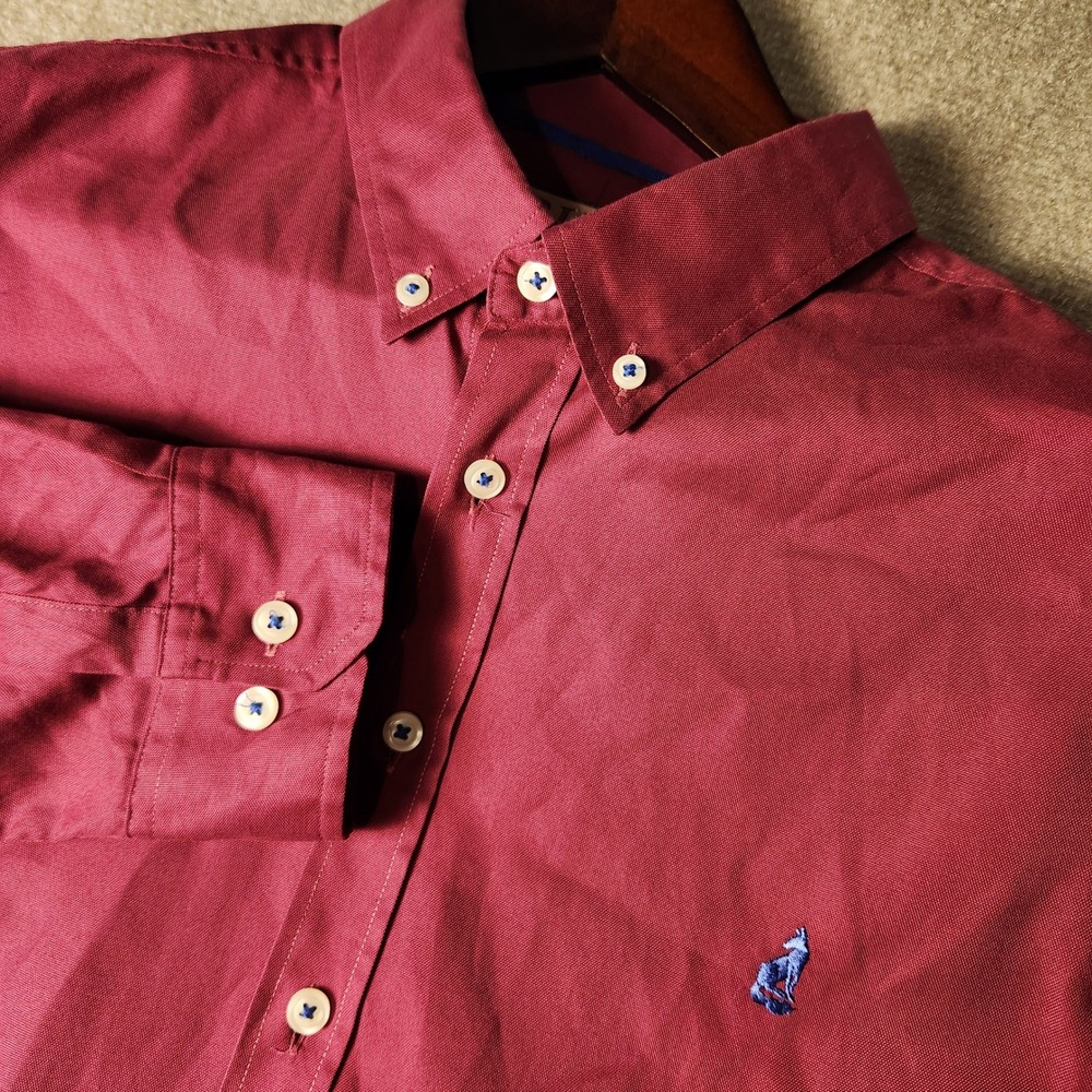 Thomas Pink Button Down Shirt Mens XL Burgundy Red Fox Logo Oxford Long Sleeve